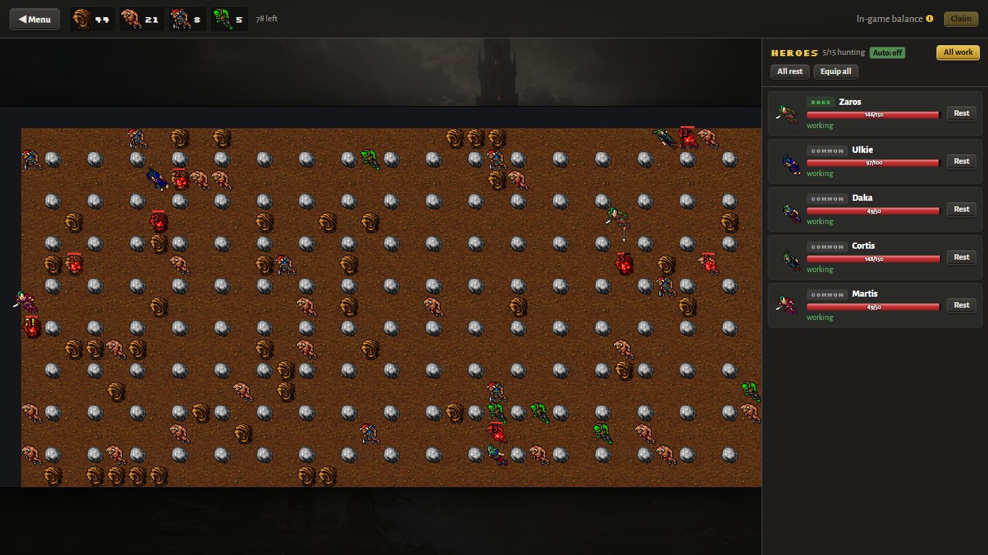 Hunt Hero gameplay: heroes breaking blocks in the dungeon, hero list on the right